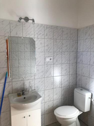 a bathroom with a toilet and a sink and a mirror at Bem apartman in Jászárokszállás