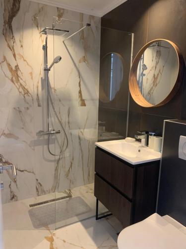 een badkamer met een douche, een wastafel en een spiegel bij Urban Apartment in Petrovac na Moru