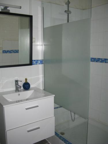 Un baño blanco con lavabo y ducha. en Location& gîtes, en Sarrians