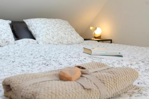 a bed with a book and a candle on it at Kafe v obýváku in Bítov