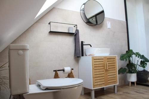 een badkamer met een toilet, een wastafel en een spiegel bij Kafe v obýváku in Bítov