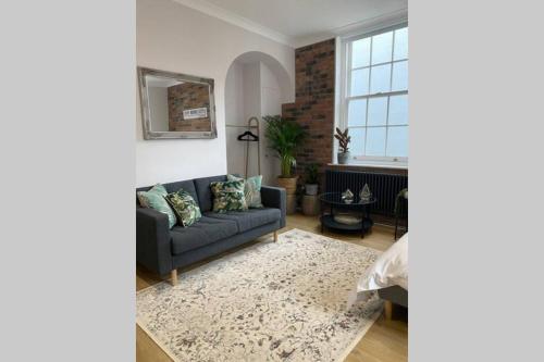 a living room with a blue couch and a rug at City Centre Entire Studio Apartment in Chichester