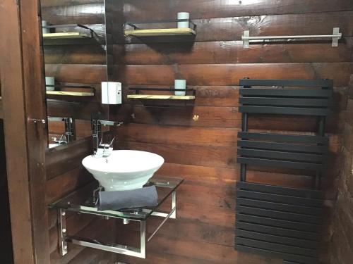 a bathroom with a sink on a wooden wall at Fox Lodge Traditional Log Cabin in Dunoon