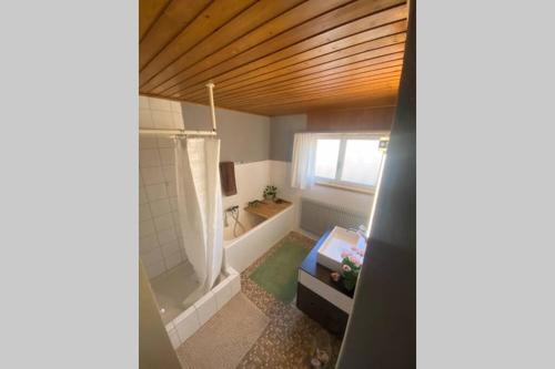 a bathroom with a tub and a shower with a window at Familien-Haus,Garten,Grill,20m zum Rhein in Stein am Rhein