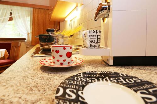 a kitchen counter with a coffee cup on a plate at Waldele in Sölden