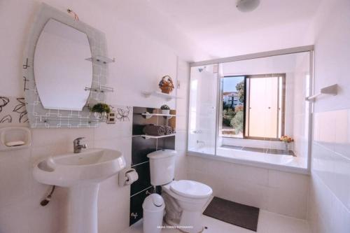 ein Badezimmer mit einem Waschbecken, einem WC und einem Spiegel in der Unterkunft Hermoso y acogedor departamento en lugar apacible in Sucre