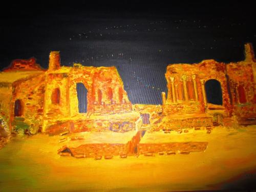 a painting of the ruins of the coliseum at Villa Chiara Taormina in Taormina