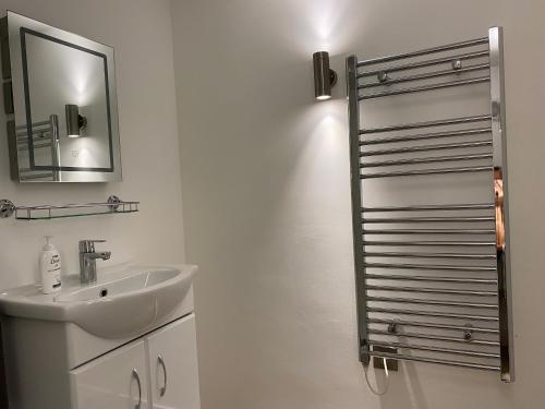 a white bathroom with a sink and a mirror at Delightful 1 bedroom chalet in Throwleigh