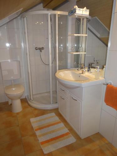 a bathroom with a shower and a sink and a toilet at Pension Scherwirt in Graz