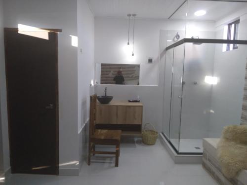 W łazience znajduje się prysznic, krzesło i umywalka. w obiekcie Hotel Nido del Flamenco w mieście Uyuni