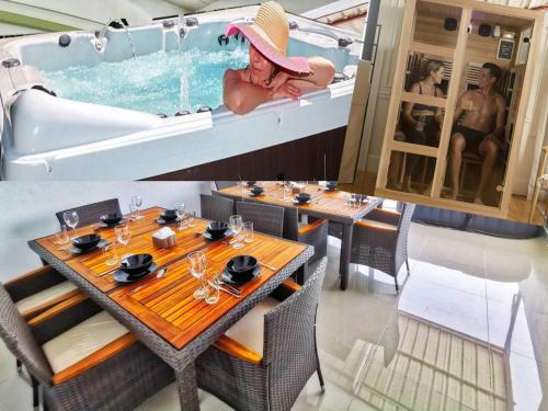 a restaurant with a table and a swimming pool at Thai Orange Villas - Private Pool Villas - Modern & Privacy in Jomtien Beach