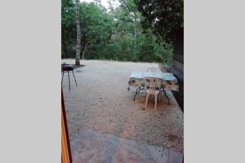 een patio met een tafel en stoelen in een tuin bij Studio en plein cœur de l'île de loisirs de Buthiers in Buthiers