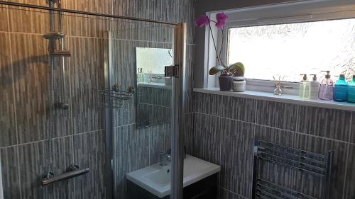a bathroom with a shower and a sink at Holiday Apartment, Balloch, Loch Lomond in Balloch