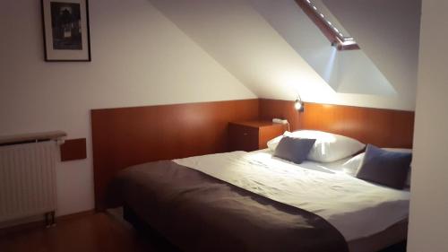 a bedroom with a large bed with a wooden headboard at Pansion Danica in Rastovača