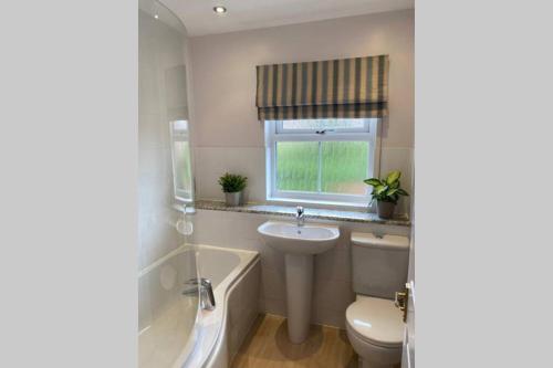 a bathroom with a sink and a toilet and a tub at Stylish and modern home in Uppingham, Rutland in Uppingham