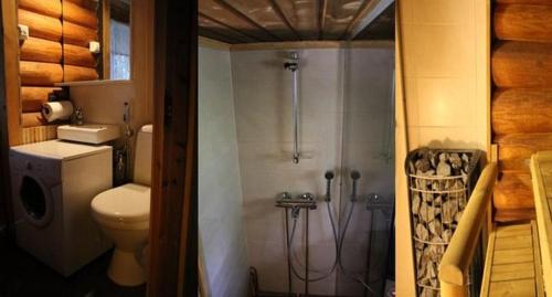 Mökki Jyväskylä في Nyrölä: حمام مع دش ومرحاض
