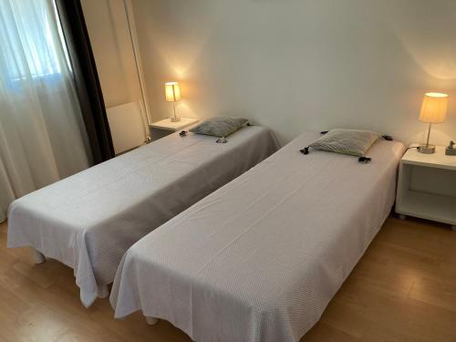 two beds sitting next to each other in a room at Les Palmiers in Saint-Cyr-sur-Mer