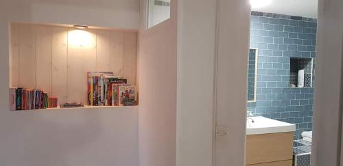 a bathroom with a sink and a shelf with books at Les 3 mômes in Pontorson