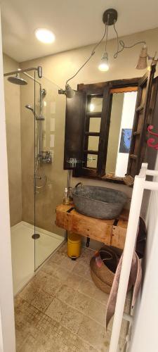 une salle de bain avec un lavabo et une douche dans l'établissement L'attelu avec piscine au coeur du maquis, à Carbuccia