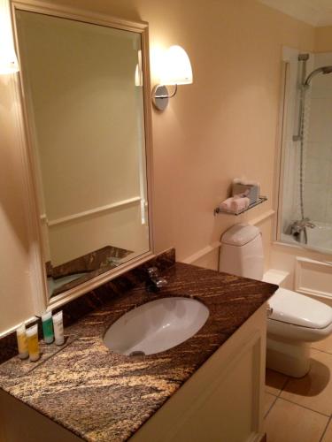 a bathroom with a sink and a toilet and a mirror at The Colonnade in London