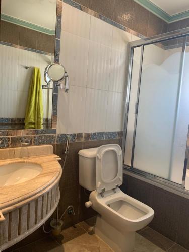 y baño con aseo, lavabo y ducha. en Villa with Sea View at Sinaway Lagoon Resort & Spa Ras Sedr - South Sinai, en Ras Sedr