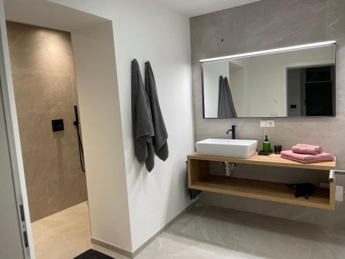 ein Bad mit einem Waschbecken und einem Spiegel in der Unterkunft Rosa's Boutique Apartment & parking in Meran