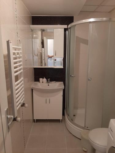La salle de bains blanche est pourvue d'une douche et d'un lavabo. dans l'établissement Ivan2020 apartment, à Skopje