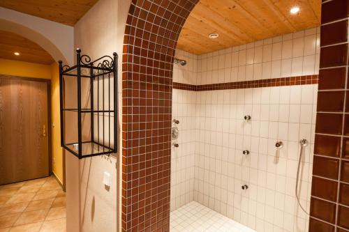 a bathroom with a shower with brown tile at Apart Daniela in Fiss