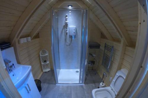 a bathroom with a shower and a toilet at Unique luxury cabin 2 in Inverness