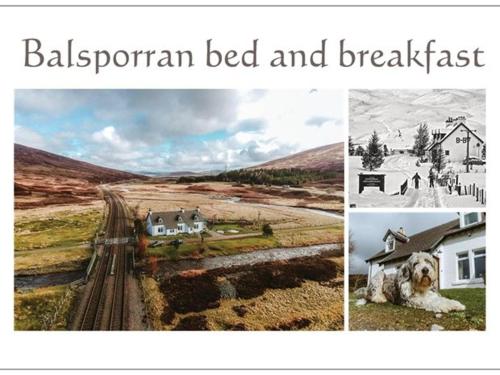 a collage of pictures of a black and white picture of a house at Balsporran Bed and Breakfast in Dalwhinnie