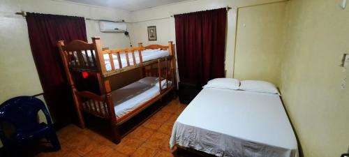 a small room with two bunk beds and a ladder at Tropical Dreams Hostel in Corn Islands