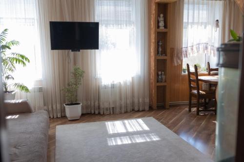 a living room with a television and a dining room table at Апартаменти ''Комфорт'' in Kamianets-Podilskyi
