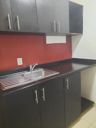 a kitchen with a sink and a red wall at Casa Oved Levy in Cozumel