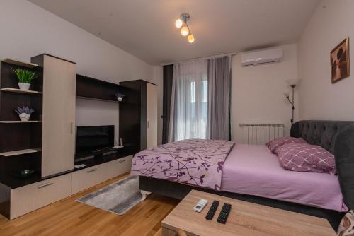 een slaapkamer met een bed en een tv en een bank bij Elite One Premium Apartment in Sarajevo