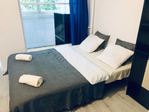 a bedroom with a bed with two pillows on it at Blue River - Bacciarellego in Wrocław