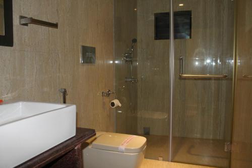 a bathroom with a shower with a toilet and a sink at Shreekrishna Hotels & Resorts Pvt Ltd in Kolkata