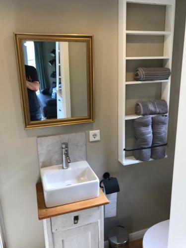a bathroom with a sink and a mirror and towels at Tiny-House Reinsdorf in Apelern