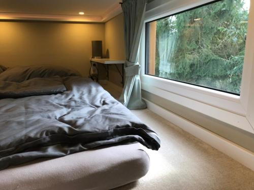 a bedroom with a bed and a large window at Tiny-House Reinsdorf in Apelern