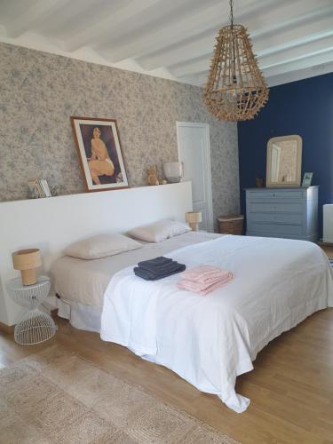 a bedroom with a large white bed and a chandelier at Chambre de charme dans une propriété du 18ème in Roquettes