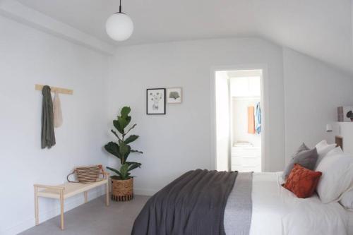 アロナにあるSweet Home Los Cristianosの白いベッドルーム(ベッド1台、鉢植えの植物付)