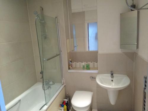 a bathroom with a shower toilet and a sink at Room in Luxurious Penthouse Apartment in London