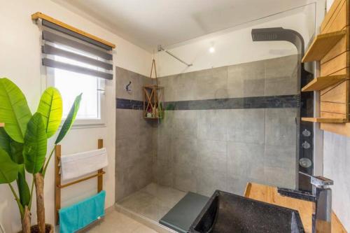 a bathroom with a sink and a shower at Villa avec piscine au calme 6 personnes in Valros