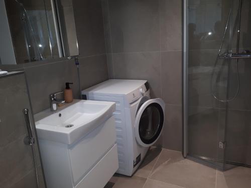 uma casa de banho com uma máquina de lavar roupa e um lavatório em Graniitti em Hanko