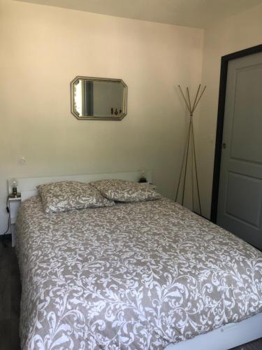 een slaapkamer met een bed en een spiegel aan de muur bij Appartement refait à neuf 40m2, Cauterets Centre in Cauterets