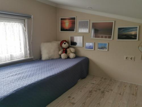 a teddy bear sitting on a bed in a bedroom at Sapņi in Kolka