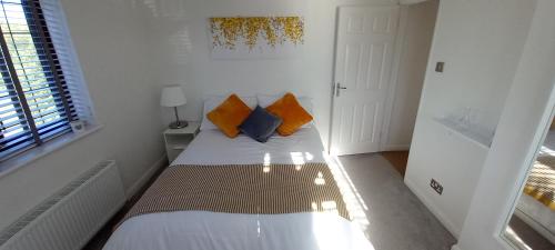 1 dormitorio con 1 cama con almohadas de color naranja y azul en Barn Farm Guest House en Cold Norton