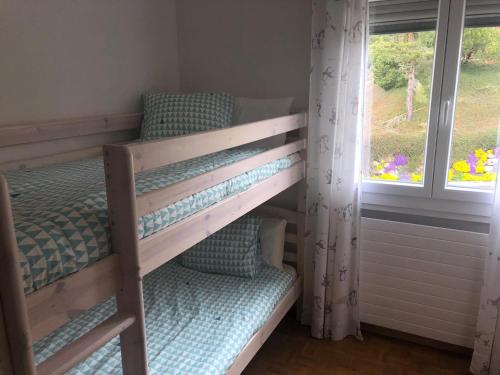 Ce lit superposé se trouve dans un dortoir doté d'une fenêtre. dans l'établissement Swiss Mountains, à Leysin