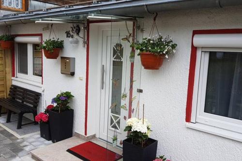 uma casa com vasos de plantas ao lado em Ferienhaus Gabriela Allgäu em Immenstadt im Allgäu