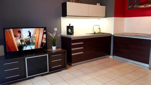 a kitchen with a flat screen tv and a sink at Frog Apartment - 2 bedrooms and living room in Świnoujście