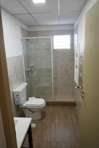 a bathroom with a toilet and a glass shower at Mosha Departamentos in Trevelín